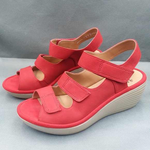 Clarks Reedly Juno Womens 7.5 Shoes Red Nubuck Strappy Platform Wedge Sandals - Picture 1 of 12